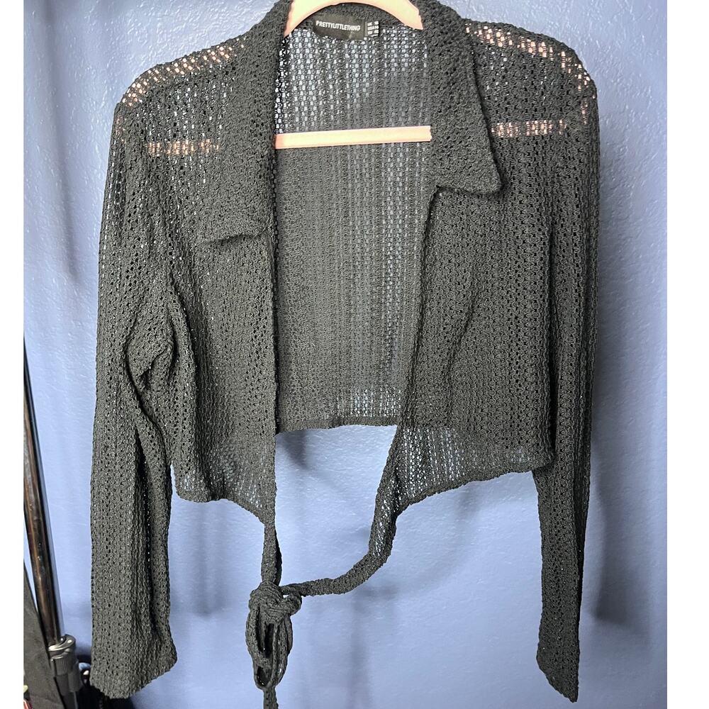 PrettyLittleThing Black Ladder Knit Sheer Cropped Tie Front Cardigan Shrug Sz 14